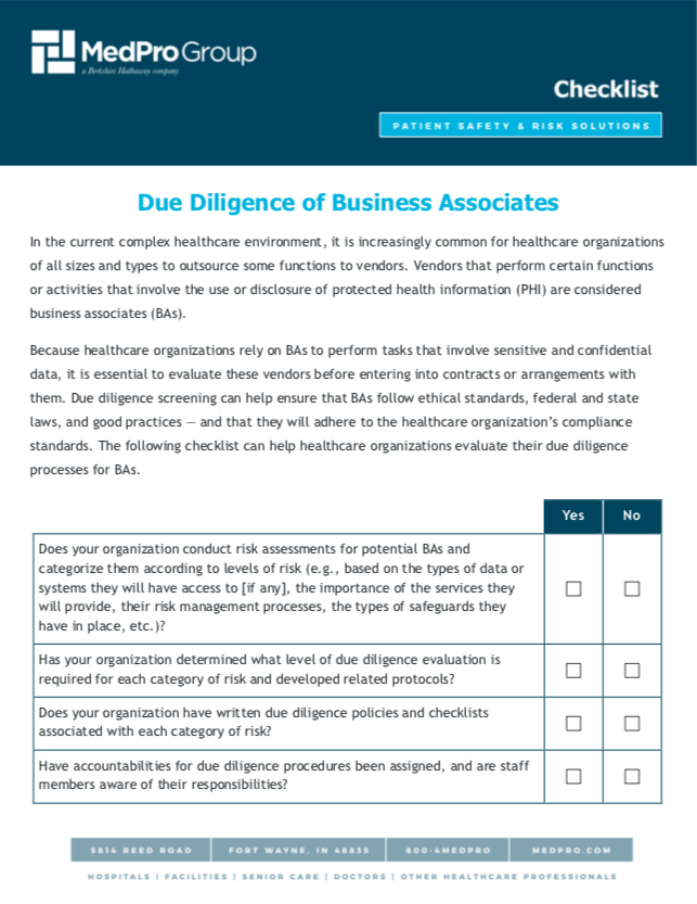 Checklist: Due Diligence Of Business Associates